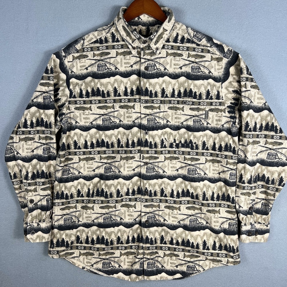 VTG Woolrich Shirt Mens XL Trout Fly Fishing Shirt All Over Print Cabin Gorpcore